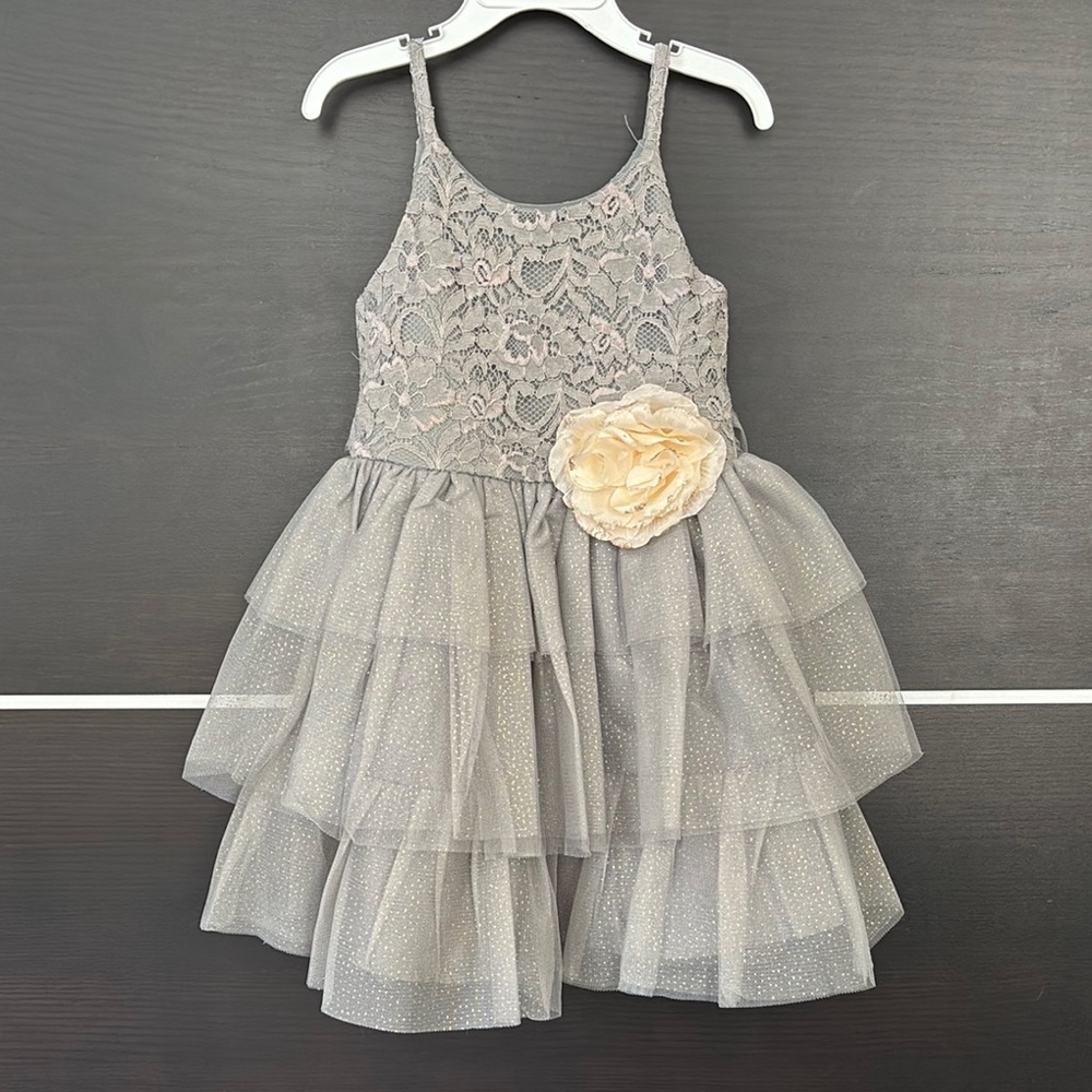 Pink & Violet Gray Sleeveless Lace Top 3 Tiered Dress with Floral Detail